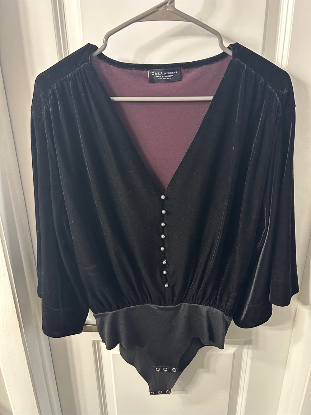 ZARA Black Velvet V-Neck Pearl-Button Bodysuit